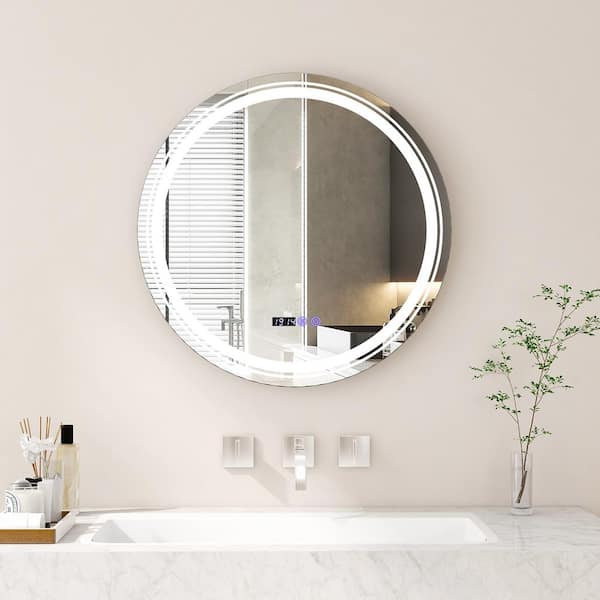 FORCLOVER 28 in. W x 28 in. H Round Frameless Anti-Fog Dimmable LED Wall Mount Bathroom Vanity Mirror in Silver