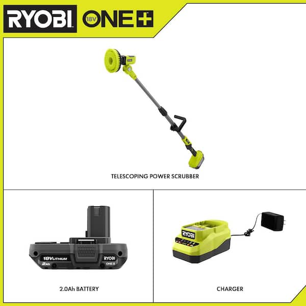 Ryobi One+ 18V Cordless Telescoping Power Scrubber and 2.0