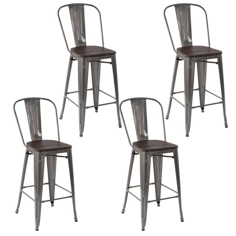 Homy Casa Thocar 29 in. Kitchen Counter Height Silver Metal Bar Stools with Wooden Seats and