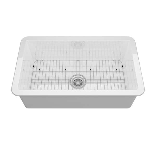 32 in. Undermount Single Bowl Glossy White Fireclay Kitchen Sink with Draining Grid and Drain Accessories