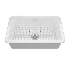 32 in. Undermount Single Bowl Glossy White Fireclay Kitchen Sink with Draining Grid and Drain Accessories