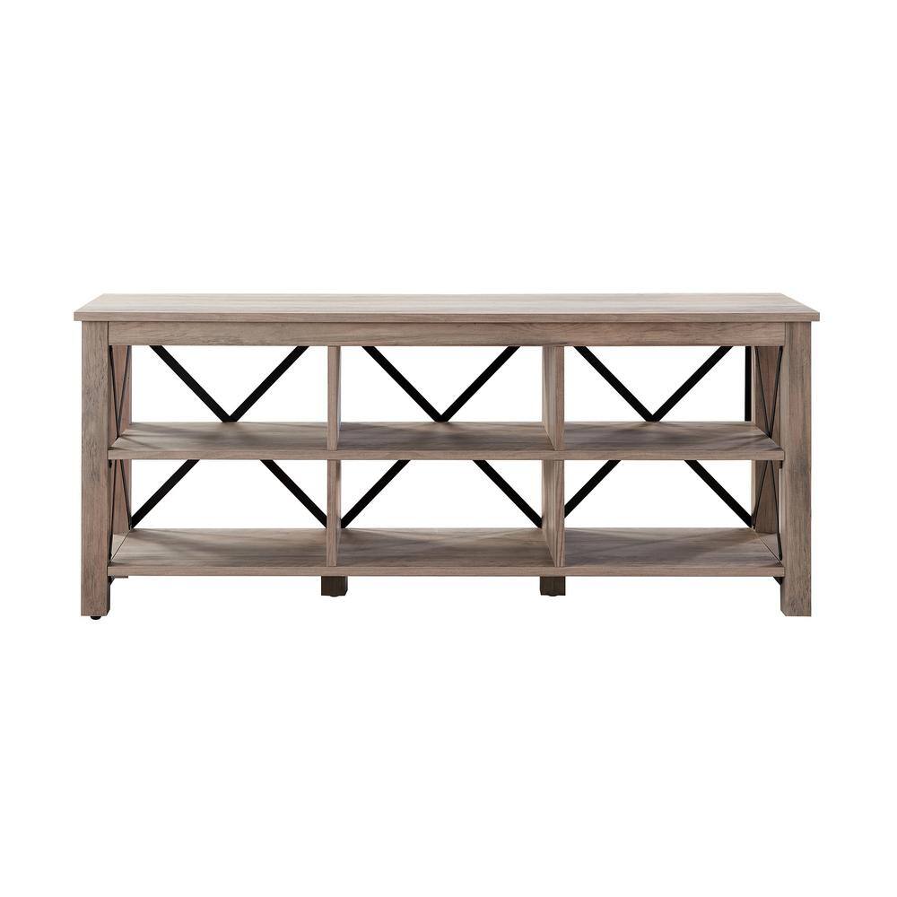 Sawyer Modern Farmhouse 58" TV Stand in Gray Oak with Black Metal Accents