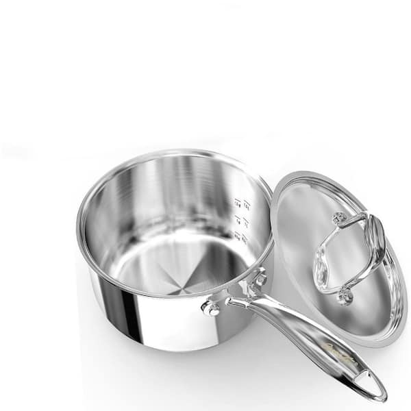 2 qt. Stainless Steel Sauce Pan with Lid Tri Ply Base Measuring Lines Cool Ergonomic Handle Dishwasher Oven Safe