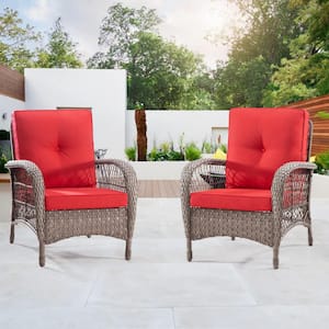 Brown Outdoor Wicker Patio Chairs with Red Cushions for Porch Deck Garden Backyard (Set of 2)