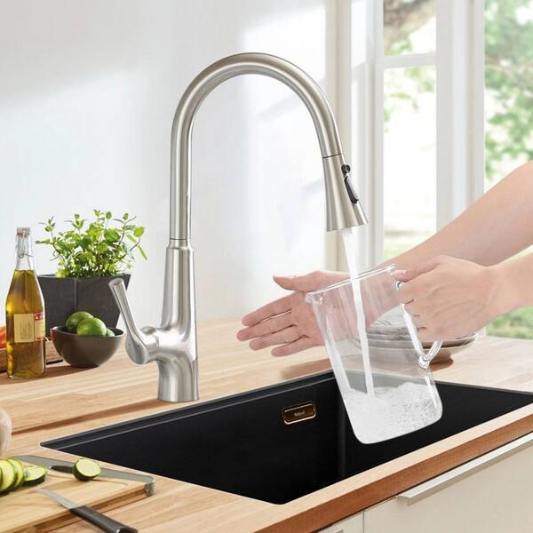 Satico Single-Handle Pull-Down Sprayer Kitchen Faucet with 3 setting modes in Brushed nickle