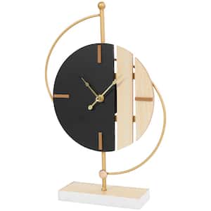 Black Wooden Geometric 2-Toned Clock with Wood Accents and Gold Semicircle Frame