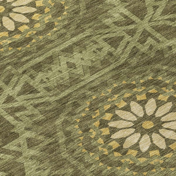Olive Green, Artichoke Green, Gold 8 ft. Round Woven Floral, Medallion Polyester Round Indoor/Outdoor Area Rug
