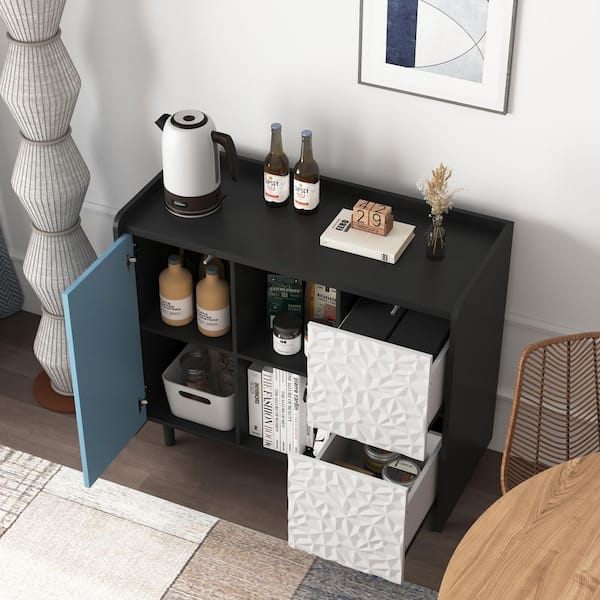 Tahanbath Modern Black Storage Sideboard: 2 Drawers, 2 Open Compartments, Ideal for Kitchen Coffee Stations