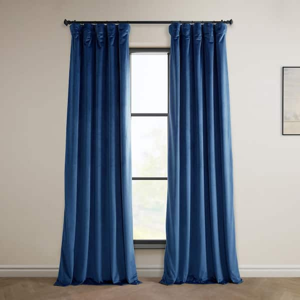 Exclusive Fabrics & Furnishings Pisces Blue Velvet Rod Pocket Room Darkening Curtain - 50 in. W x 96 in. L Single Panel Window Velvet Curtain