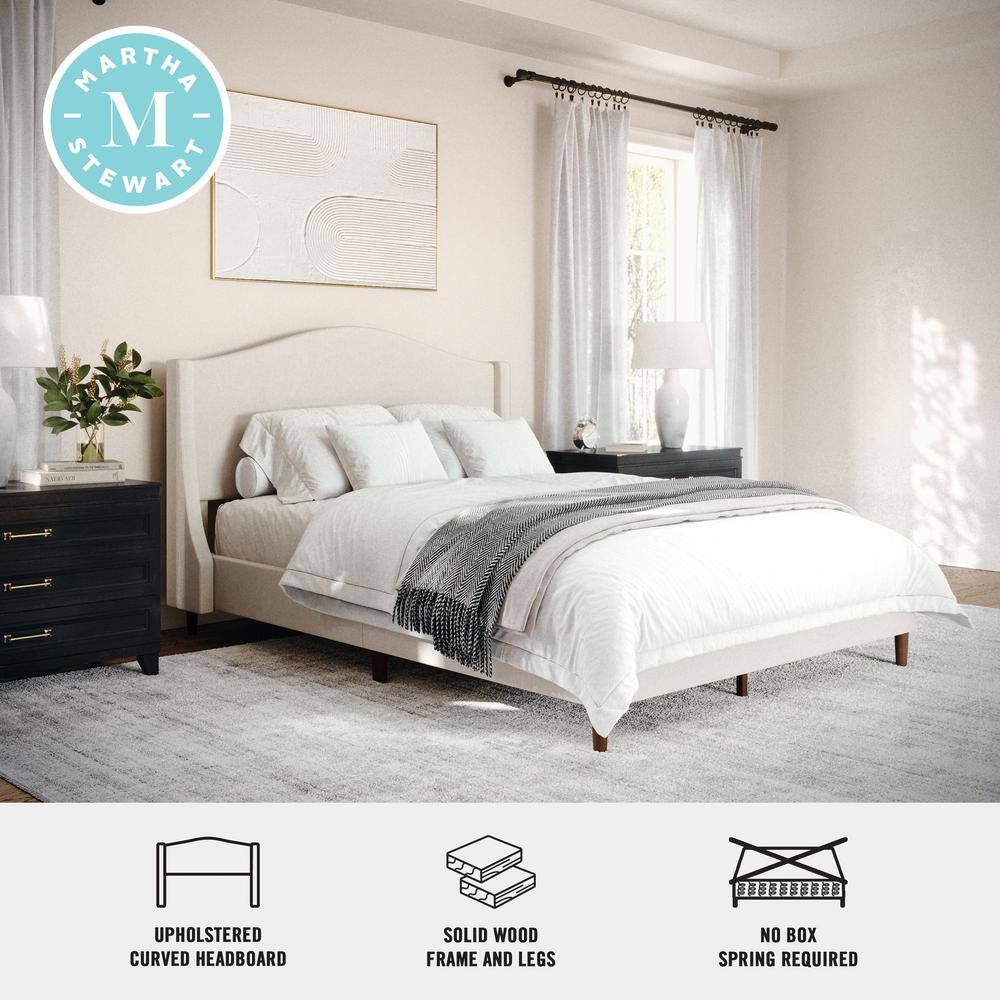 Full Beige Linen Upholstered Platform Bed with Walnut Legs