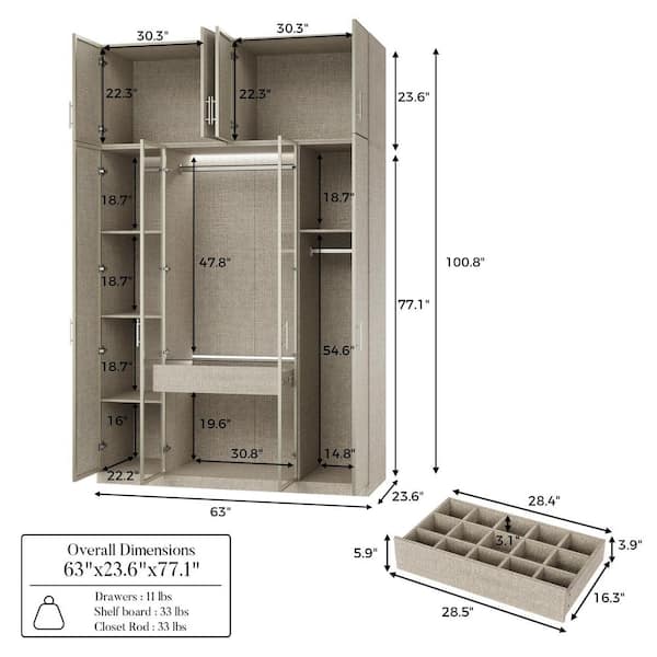 Homsee Beige-A Wood 63 in. Bedroom Armoire with Glass Doors, Top