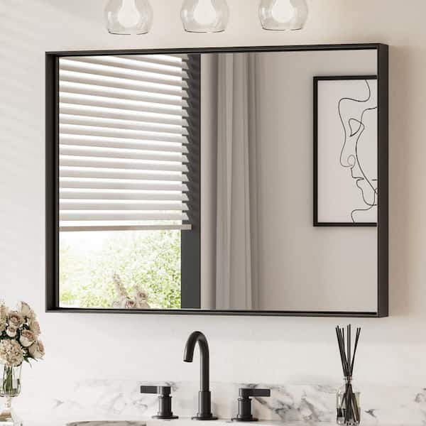 KeonJinn 40 in. W x 30 in. H Rectangular Framed Black Mirrors for Bathroom Wall Square Corner Bathroom Vanity Mirror Over Sink