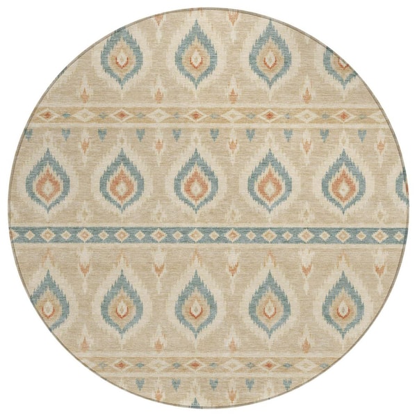Chantille Machine Washable Indoor/Outdoor Abstract ACN3070 Linen 8 ft. x 8 ft. Round Rug