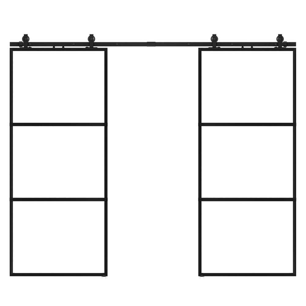 76 in. x 84 in. Full-lite Clear Glass Black Metal Frame Double Sliding Barn