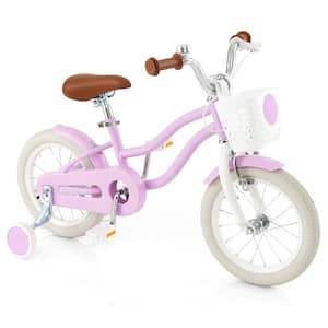 14 in. Kids Bike Children's Training Bicycle with Removable Training Wheels and Basket Purple