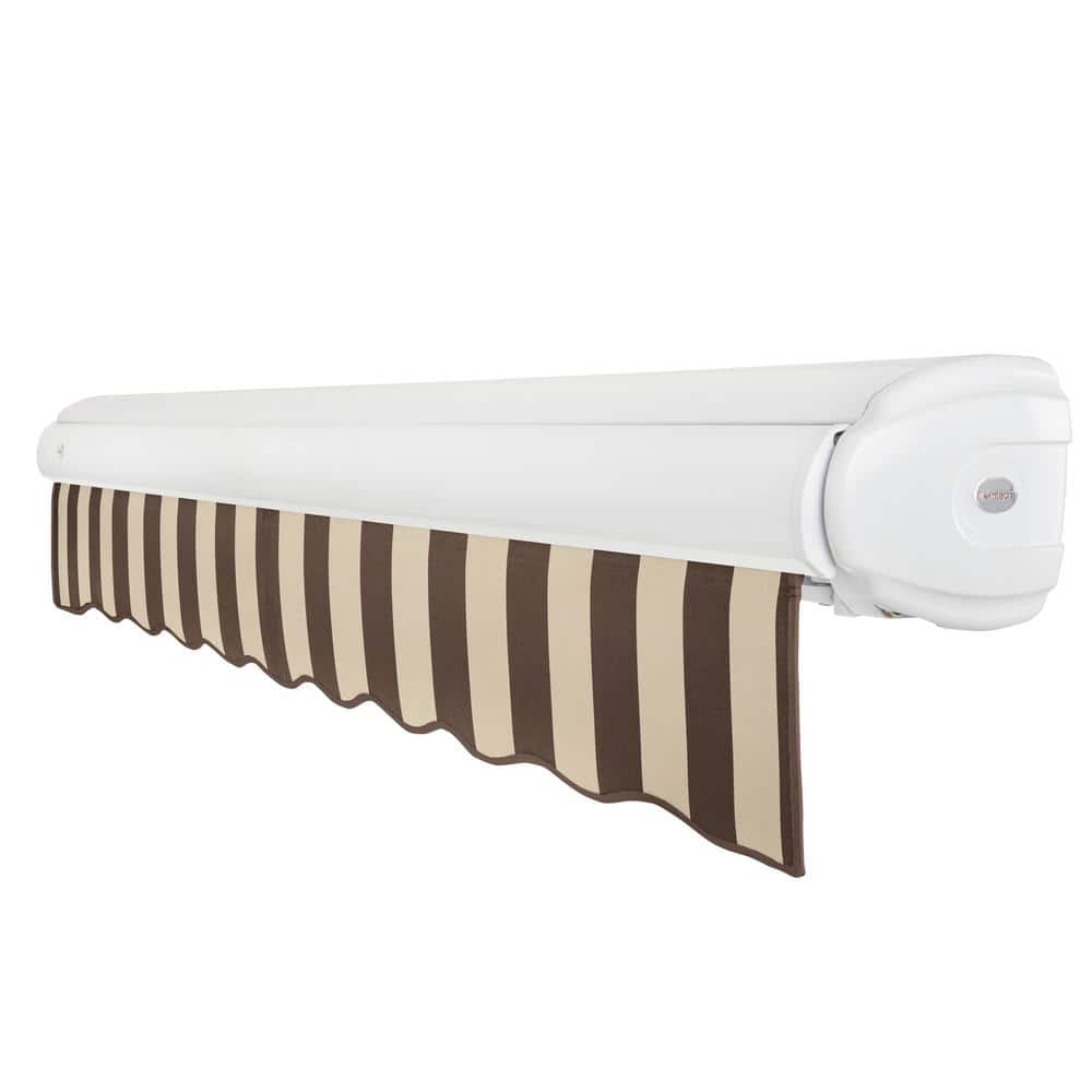 Brown and Tan Stripe Motorized Patio Retractable Awning with White Frame