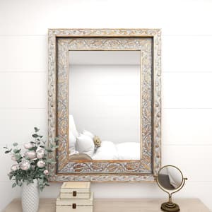48 in. x 36 in. Handmade Intricately Carved Rectangle Framed Brown Floral Wall Mirror