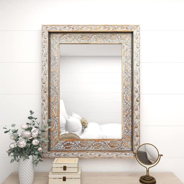 Litton Lane 48 in. x 36 in. Handmade Intricately Carved Rectangle Framed Brown Floral Wall Mirror