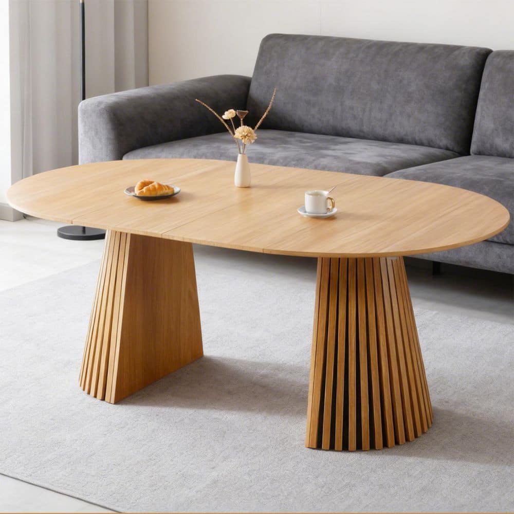 Oak Wood Tabletop 47.24 in. W Double Pedestal Extendable Dining Table Seats 6