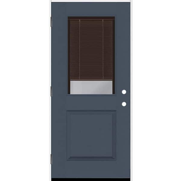 Steves & Sons Legacy 30 in. x 80 in. 1/2-Lite Clear Glass Mocha Miniblind RHOS Dark Denim Fiberglass Prehung Door w/4-9/16 in. Jamb