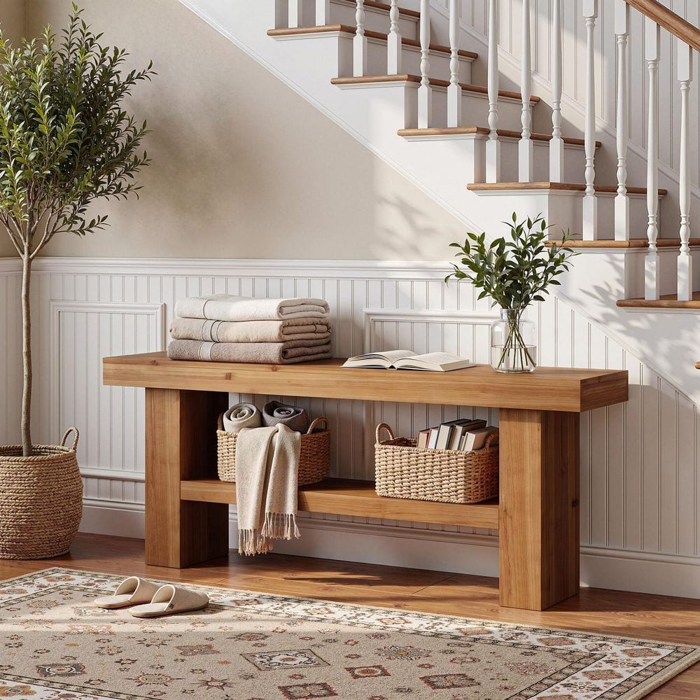 Brenn 63in. Solid Wood Brown Rectangal Foyer 2 Tier Hallway Entryway Bench Open Back Indoor Home Office Farmhouse Simple
