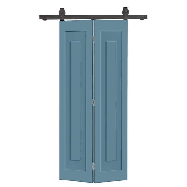 26 in. x 80 in. 1-Panel Shaker Hollow Core Dignity Blue Composite Bi-Fold Door with Sliding Barn Door Hardware Kit