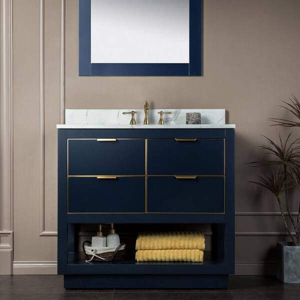 WOODBRIDGE Venice 43 in.W x 22 in.D x 38 in.H Bath Vanity in Navy Blue with Fish Belly Engineered stone Vanity Top with White Sink