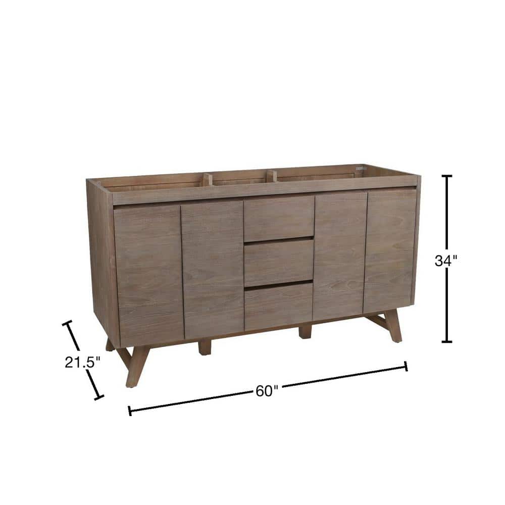 60-Inch Gray Teak Double Freestanding Vanity with Solid Wood Cabinet