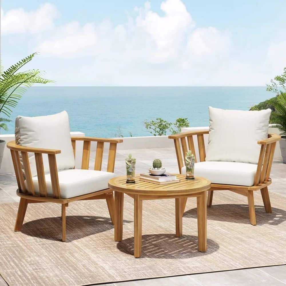 3-Piece Wood Patio Conversation Set with White Cushions-Deep Seating with R