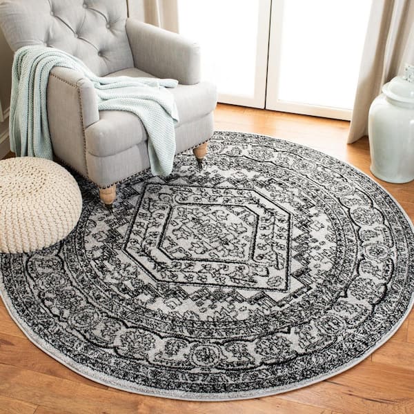 Adirondack Silver/Black 10 ft. x 10 ft. Round Medallion Border Area Rug