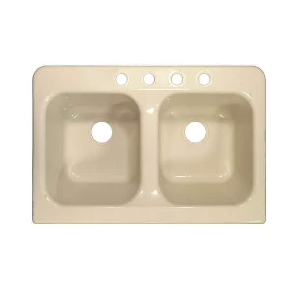 Lyons Industries Farmhouse Apron Drop-In Acrylic 34 in. 4-Hole 50/50 Double Bowl Kitchen Sink in Almond