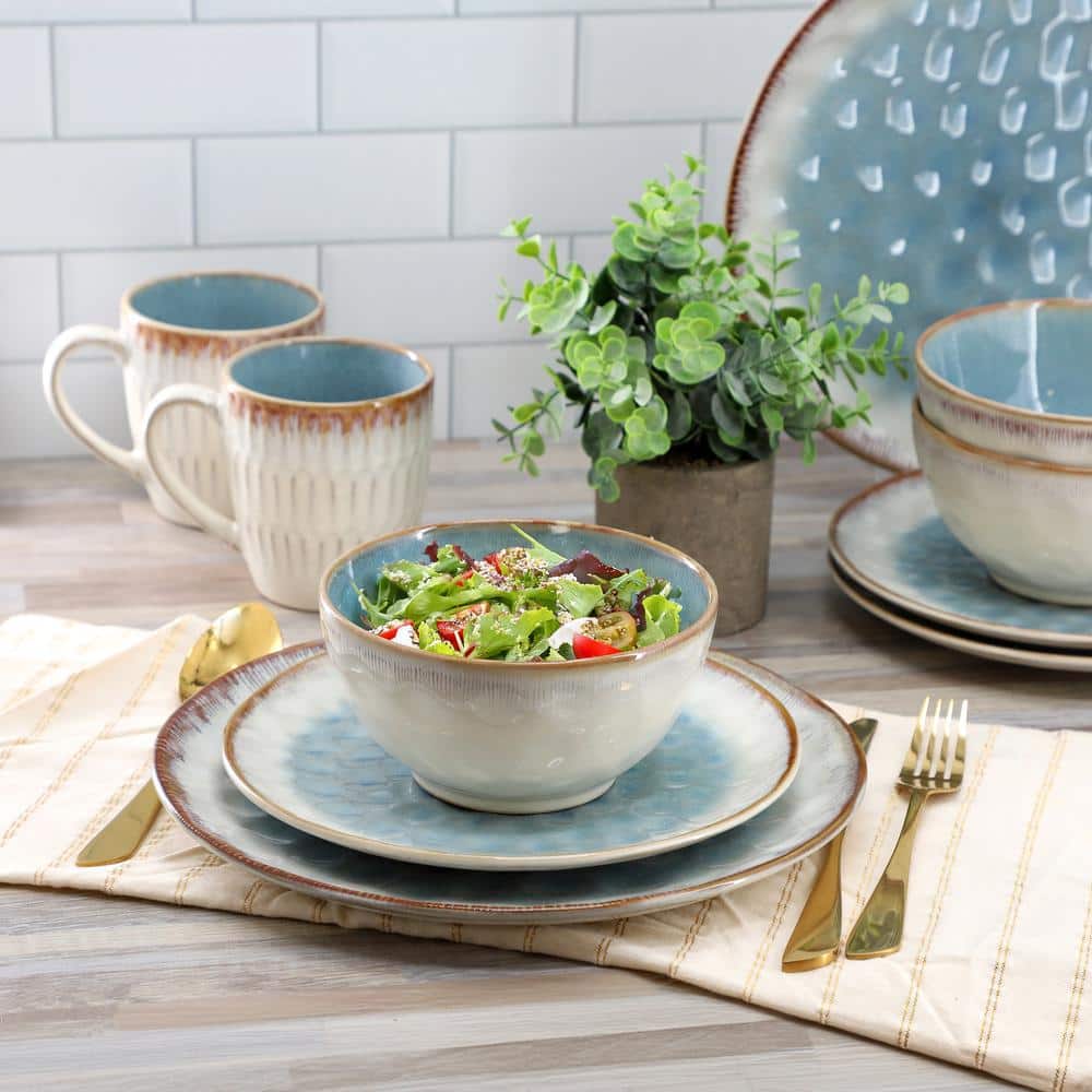 Leann 16 Piece Beige and Blue Ceramic Dinnerware Set