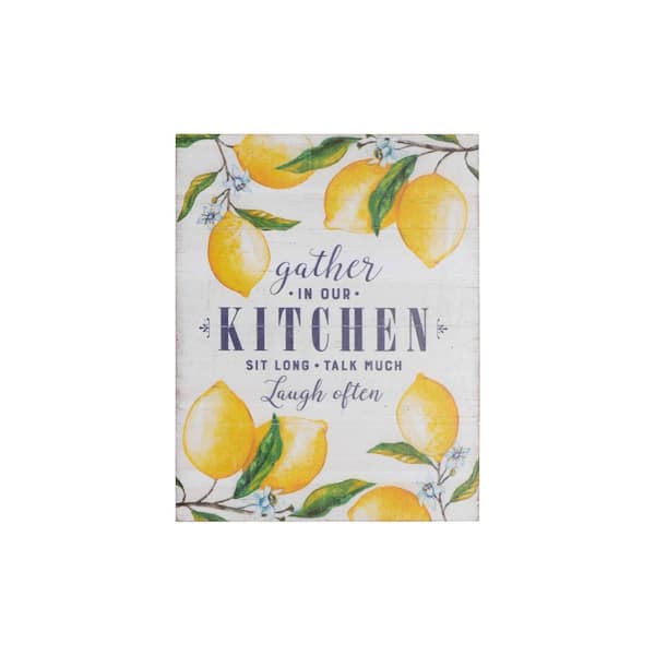 Unframed Home "Gather in Our Kitchen..." Wood Wall Art Print Decor with Lemons. 22 in. x 0.5 in. x 28in.