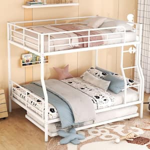 Detachable White Full XL over Queen Metal Bunk Bed with Trundle, Built-in Ladder