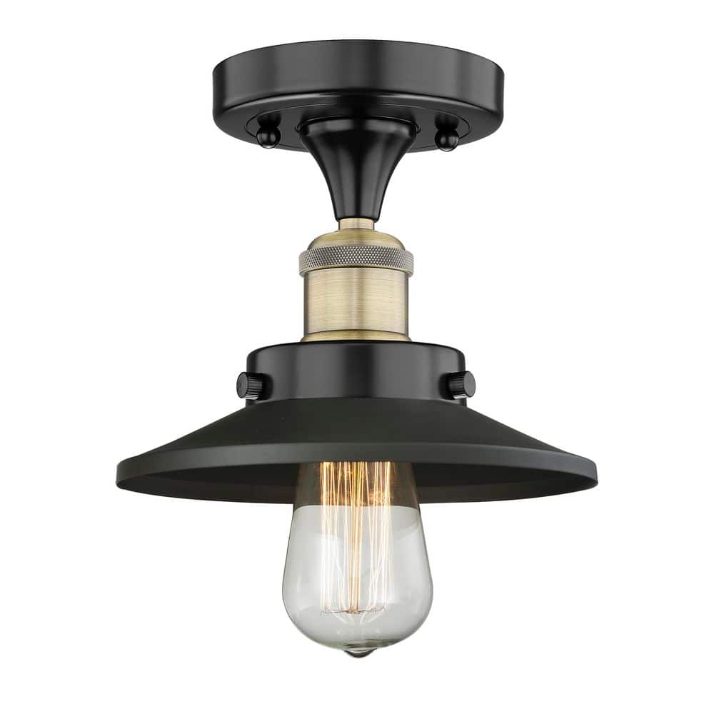 Edison 8 in. 1-Light Black Antique Brass Traditional Semi-Flush Mount with Matte Black Shade price history on PriceWatchPro