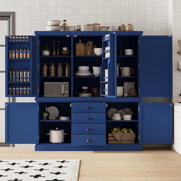 Blue Wood 65 in. x 73 in. Kitchen Pantry Cabinet with Drawers, Cupboard, Door Shelves and Adjustable Shelves