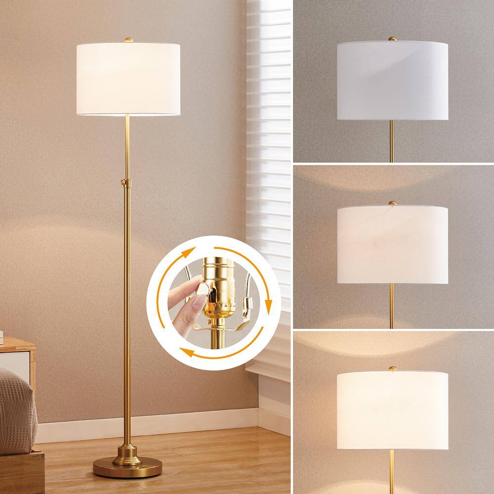 Antique Brass Adjustable Floor Lamp with White Linen Shade