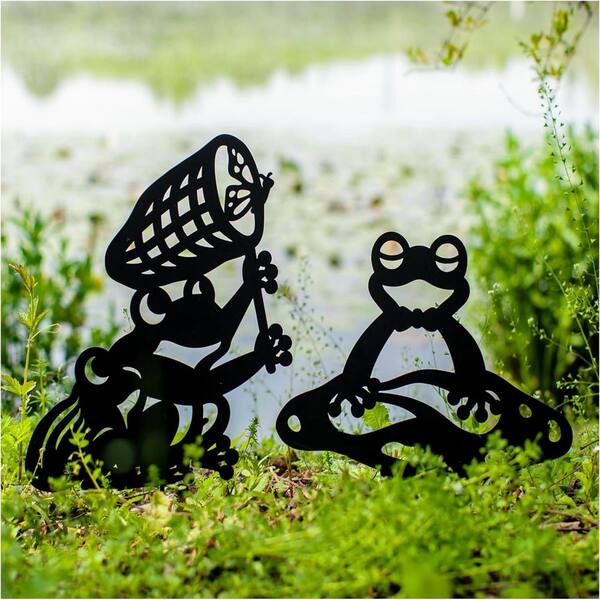 OGETFUUR 11.4 x 13 in. Black Metal Frog Garden Decorative Stakes