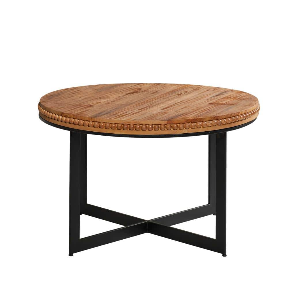 Beaded Edge Brown Wood Round Coffee Table with Metal Accents