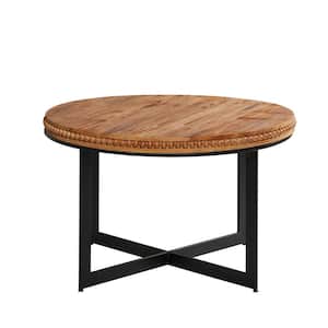 30 in. Brown Medium Round Wood Beaded Coffee Table with Metal X-Shaped Base