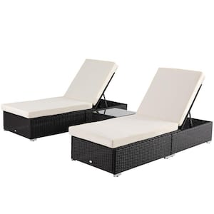 3-Pieces Wicker Outdoor Chaise Lounger Double with White Cushions and End Table
