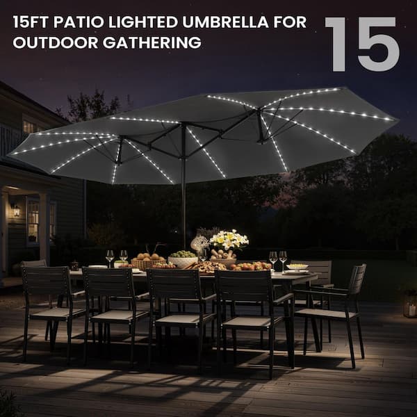 15 twin patio umbrella double sided outdoor market umbrella Pellebant 15 ft. Patio Solar Market Umbrella Double-Sided Twin Outdoor Umbrella with Base and Solar LED Lights in Gray