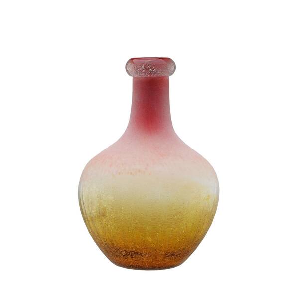 Northlight 12.25 in. Amber Yellow Crackled and Coral Frosted Hand Blown Glass Vase