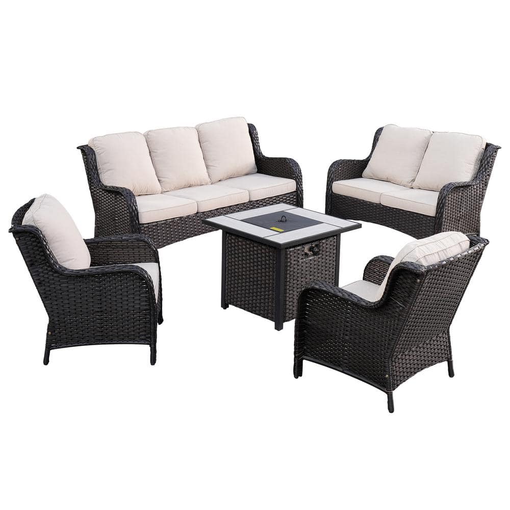 XIZZI Vincent Brown 5Piece Wicker Patio Fire Pit Outdoor Seating Sofa Set and with Beige