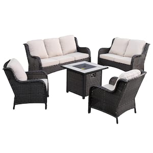 Vincent Brown 5-Piece Wicker Patio Fire Pit Outdoor Seating Sofa Set and with Beige Cushions