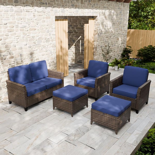 Brown Rattan Wicker 5-Piece Outdoor Patio Conversation Set with Cushions, Patio Chairs with Ottomans