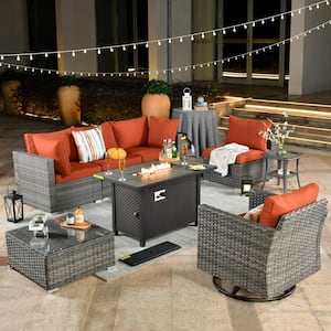 Sanibel Gray 8-Piece Wicker Outdoor Patio Conversation Sofa Sectional Set with a Metal Fire Pit and Orange Red Cushions