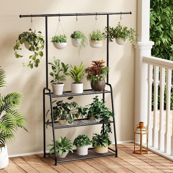 3-Tier Black Metal Plant Stand, Hanging Plant Shelf for Multiple Flower  Planter Holder (27.17 in. H W x 57.88 in. H) RT1148 - The Home Depot