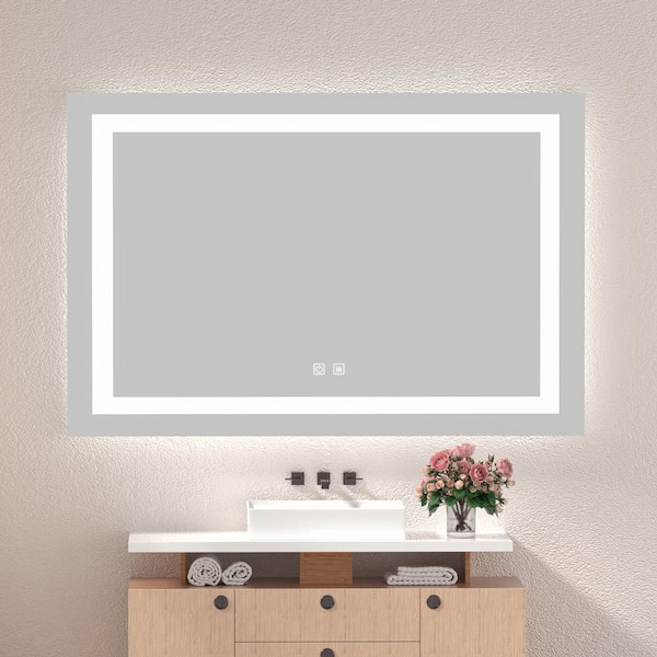 Unbranded 36 in. W x 28 in. H Rectangular LED Lighted Frameless Anti-Fog Dimmable Wall Mounted Bathroom Vanity Mirror with Button