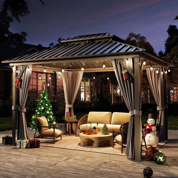 Tozey 10 ft. x 12 ft. Aluminum Outdoor Black Gazebo with Galvanized Steel Roof, Mosquito Nets and Curtains